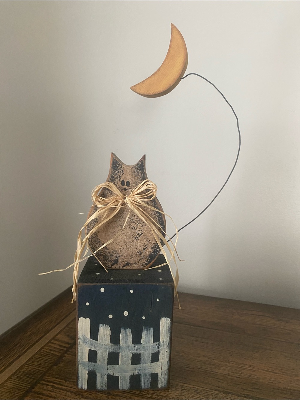 Folk Art Cat and Moon Hand Carved Wood Vintage